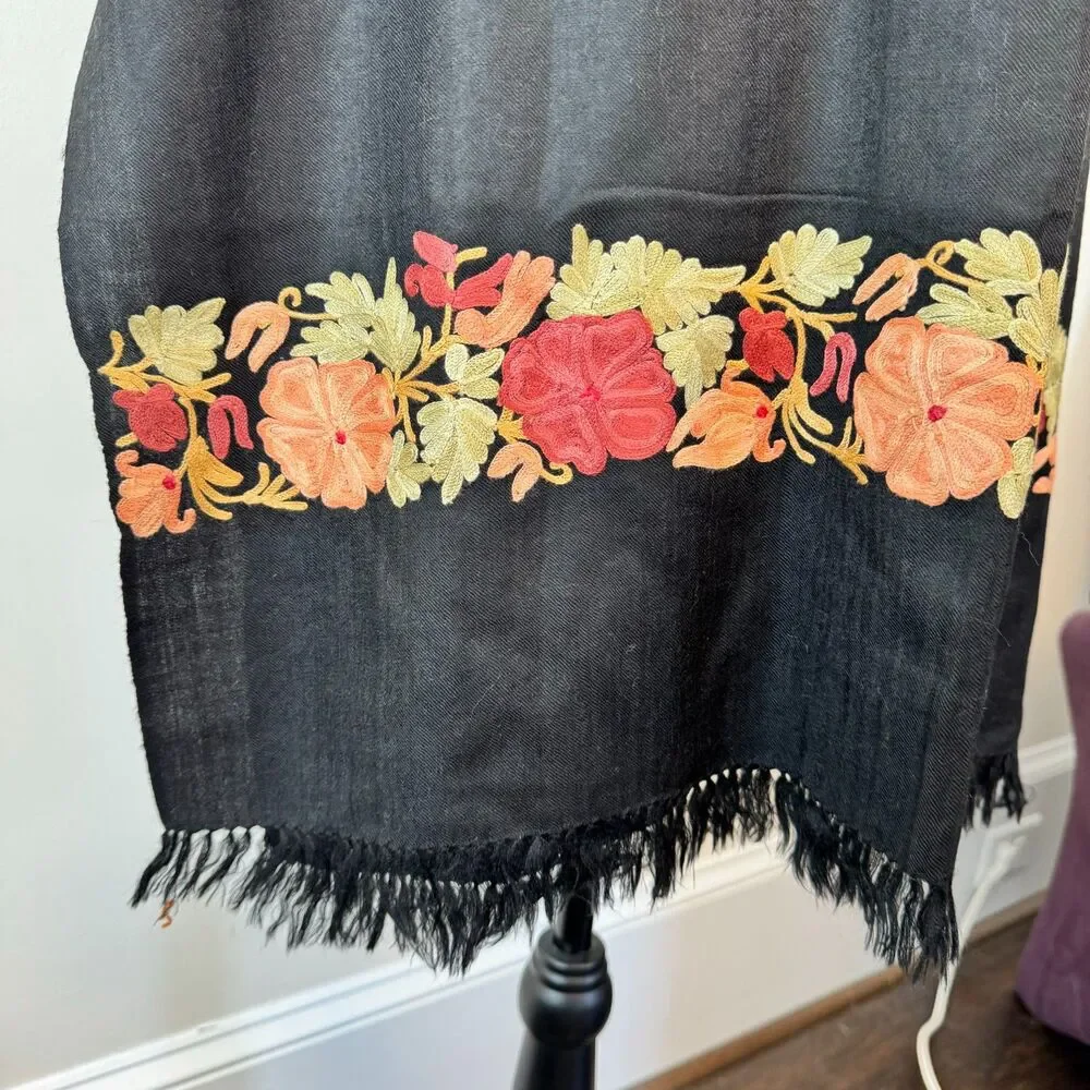 Black Wool Shawl with Floral Embroidery Stitching and Fringed Ends